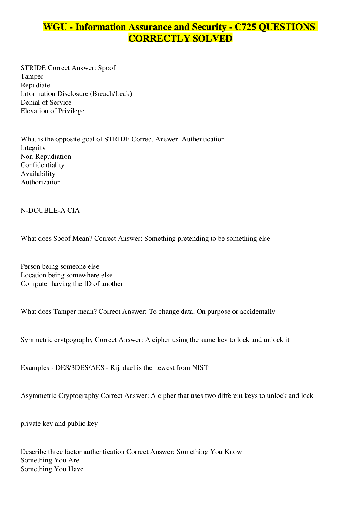 Preview image for WGU - Information Assurance and Security - C725 QUESTIONS CORRECTLY SOLVED